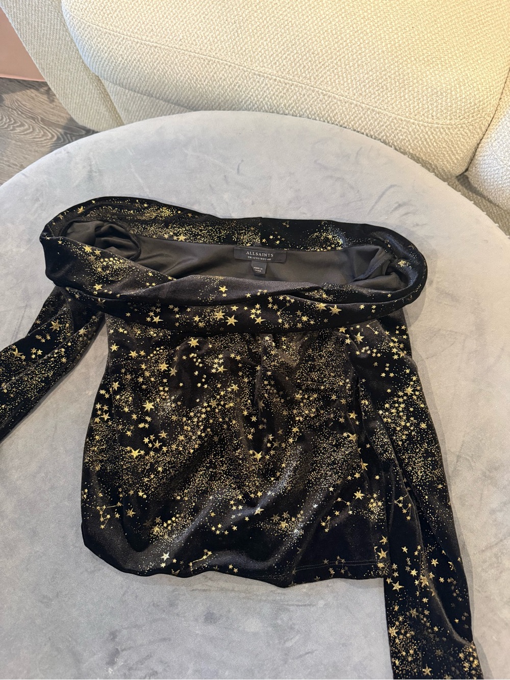 AllSaints Black Velvet gold Star Print Off-Shoulder Top